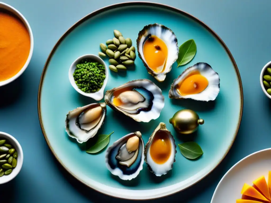 Menú zinc: potencia masculina en alta definición Un banquete de alimentos ricos en zinc, como ostras, carne de res y semillas de calabaza, dispuestos de manera artística en un elegante plato moderno