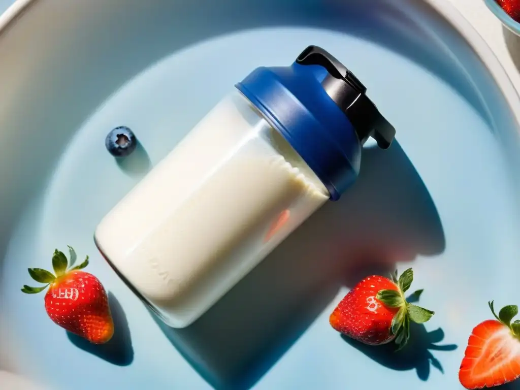 Batido de proteínas y frutas frescas: vitalidad y nutrición Un batido de proteína de suero rodeado de frutas frescas, evocando frescura y vitalidad, ideal para beneficios proteína suero recuperación muscular