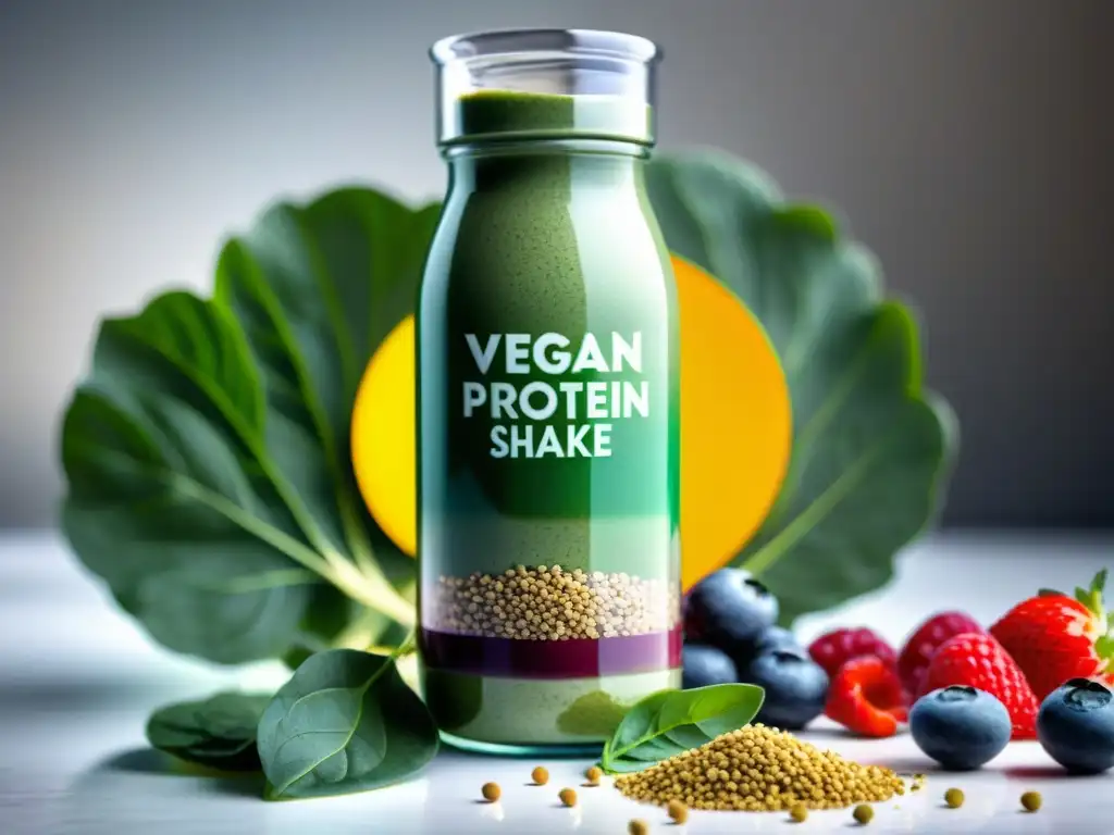 Batido vegano de proteínas: frescura y vitalidad en cada capa Un batido de proteínas veganas, con ingredientes frescos y coloridos en un elegante envase de vidrio transparente