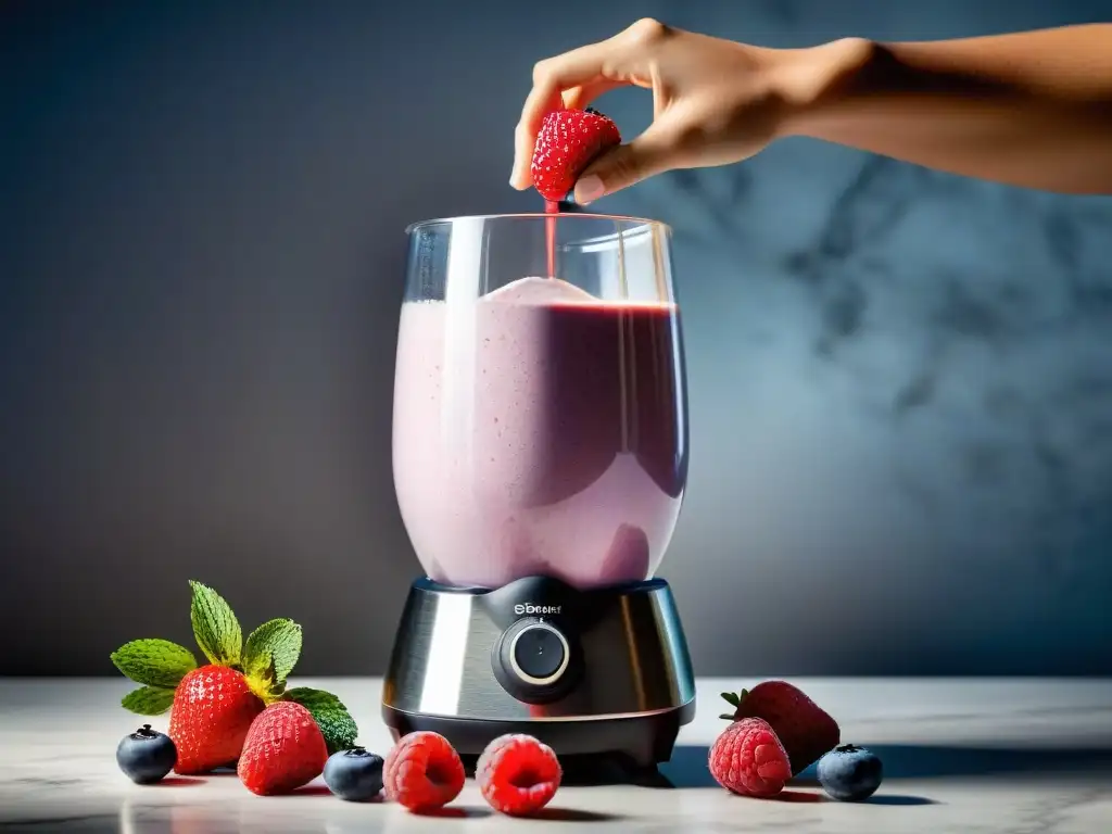 Batidora moderna preparando batido de proteínas Batidora moderna preparando un batido de proteínas con frutas frescas