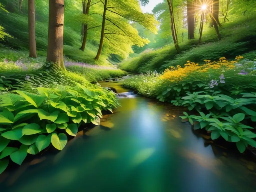 Bosque sereno en 8k: luz dorada y naturaleza exuberante Un bosque exuberante bañado por la luz del sol, con un arroyo sereno y coloridas flores silvestres