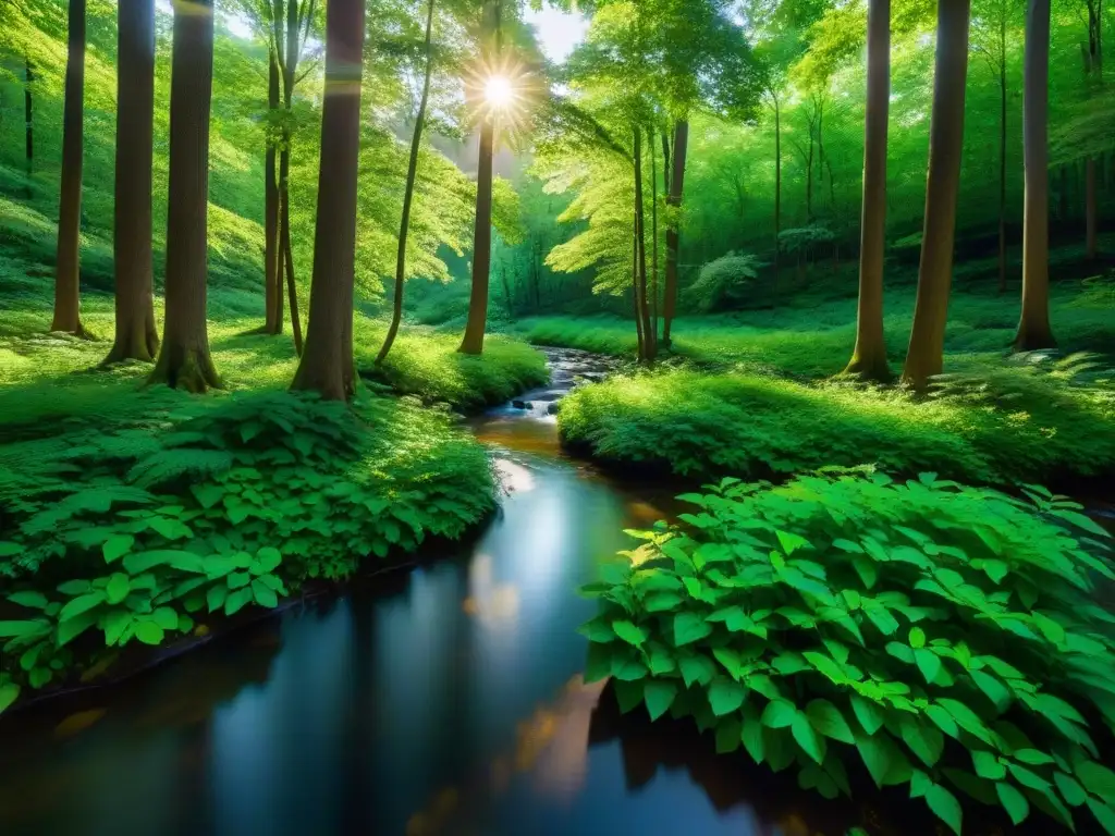 Bosque exuberante: luz solar entre árboles Un bosque exuberante con luz solar filtrándose a través del dosel, creando sombras moteadas en el suelo