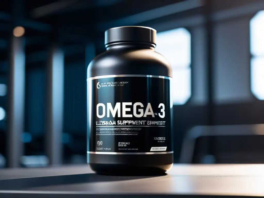 Bote de suplemento de omega 3 en un gimnasio de alta tecnología, transmite fuerza y rendimiento deportivo
