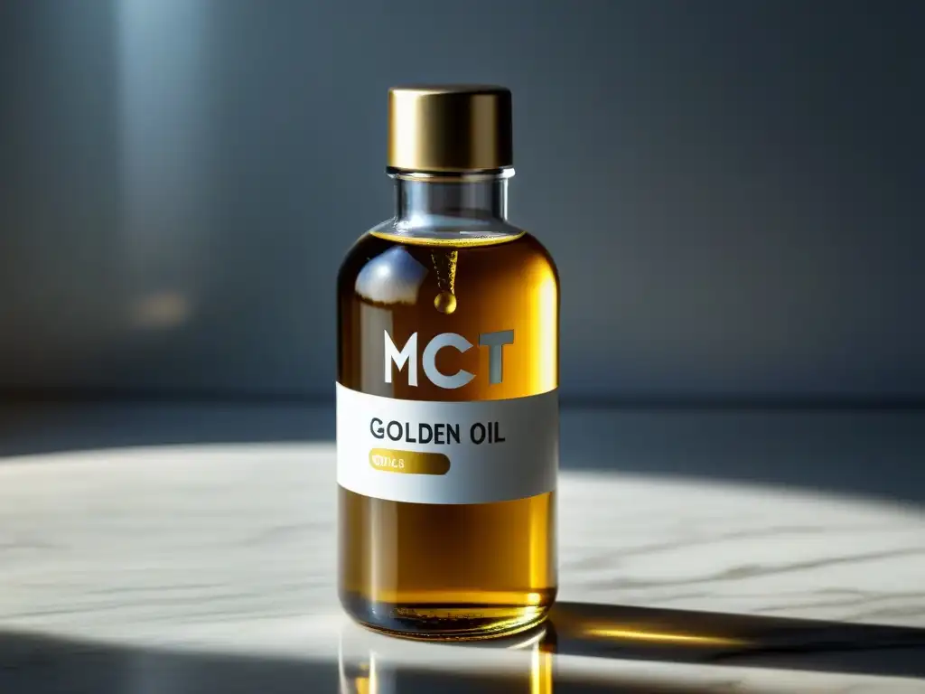 Botella de aceite MCT dorado en elegante encimera de mármol, con etiqueta minimalista