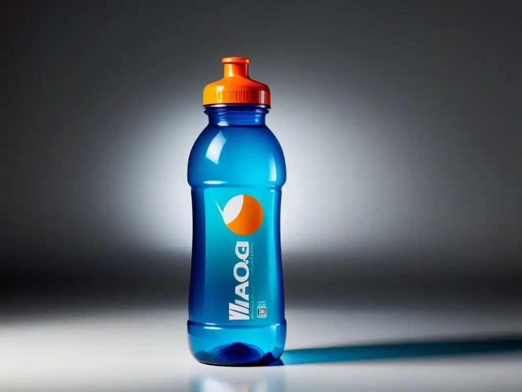 Vibrante bebida deportiva Vitargo en botella de agua translúcida Una botella de agua transparente llena de bebida deportiva Vitargo de naranja vibrante, con condensación brillante