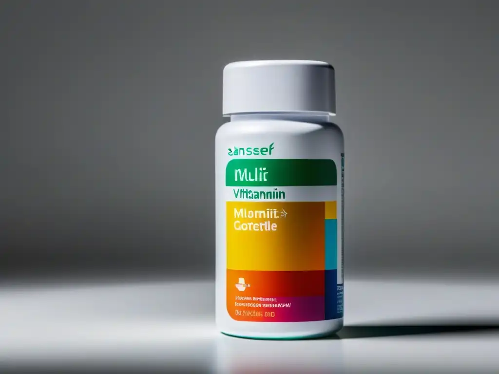 Multivitamina premium: calidad y elegancia en una botella Una botella de multivitamínicos deportivos de diseño moderno y elegante, destacando calidad y profesionalismo en un fondo blanco