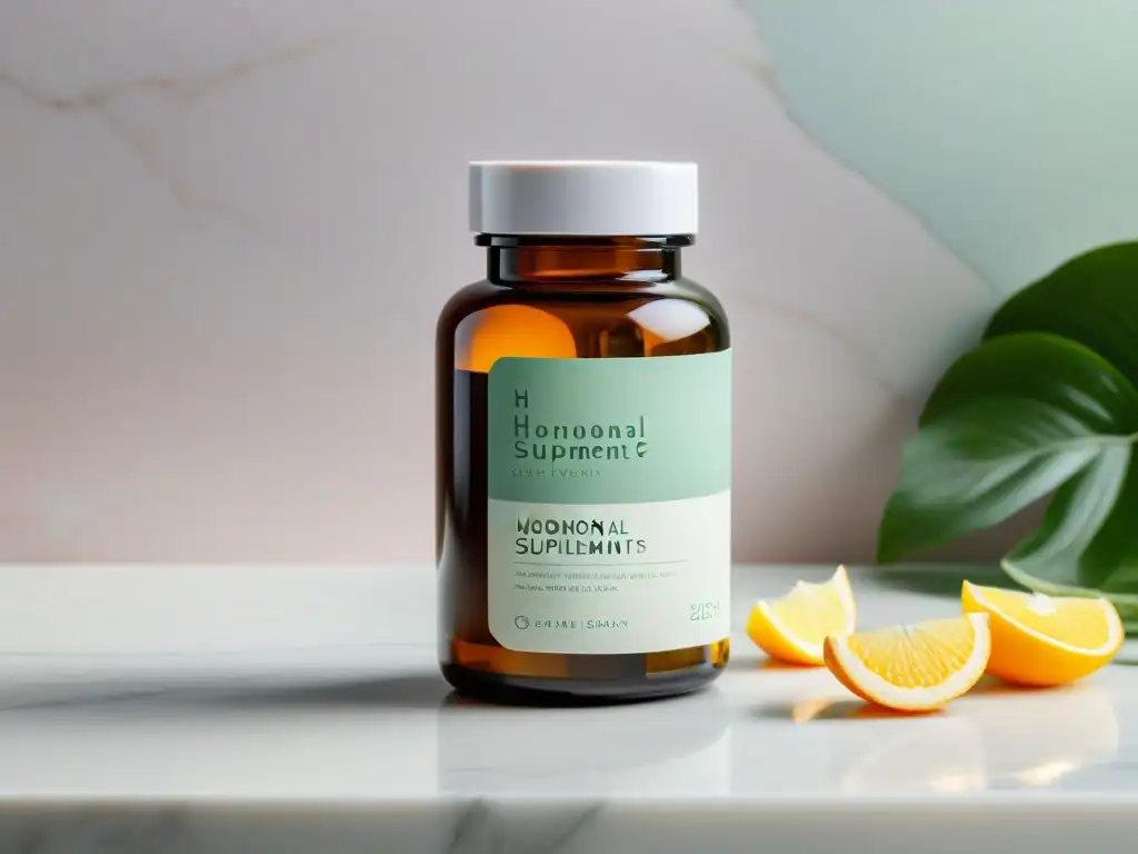 Suplementos hormonales: Elegancia en pastel Botella elegante de suplementos equilibrio hormonal femenino en mármol blanco, con luz suave y sofisticada