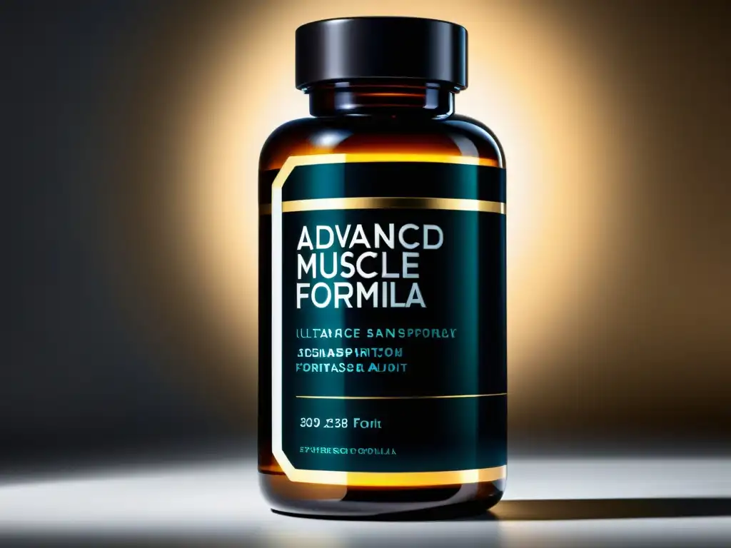 Fórmula Avanzada para Recuperación Muscular' - Botella Futurista Botella futurista con etiqueta metálica minimalista que lee 'Suplementos para recuperación muscular avanzada'