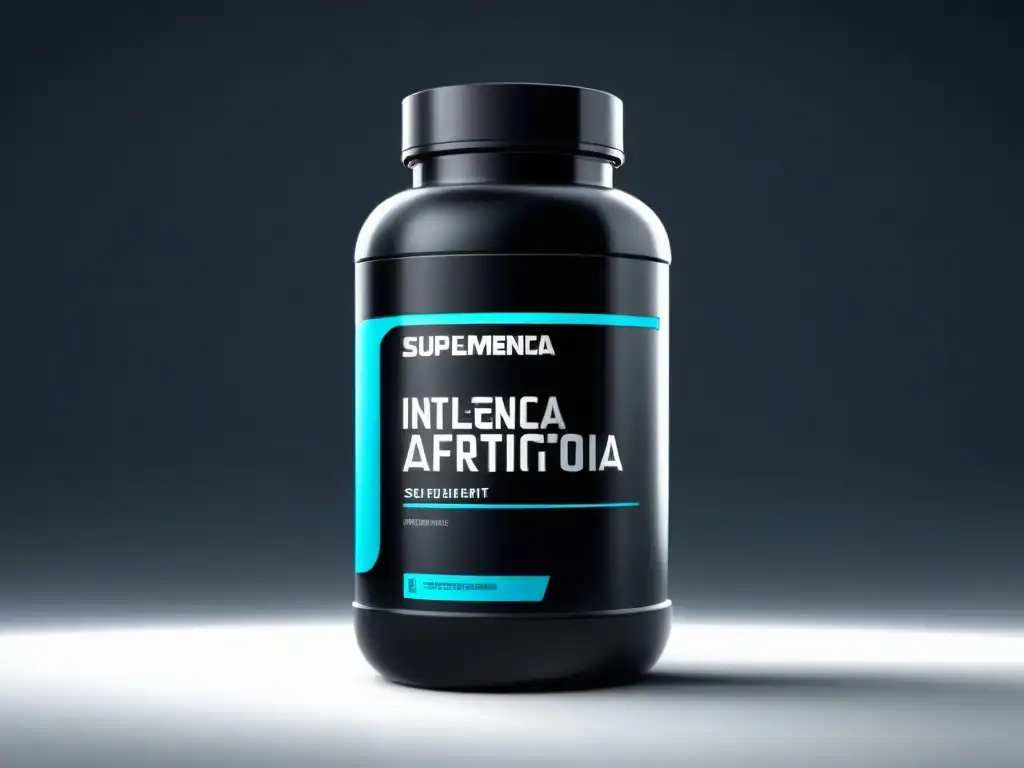 Suplemento Deportivo con Inteligencia Artificial Botella futurista de suplemento deportivo con diseño innovador y las palabras 'Inteligencia Artificial' y 'Suplementación Deportiva'