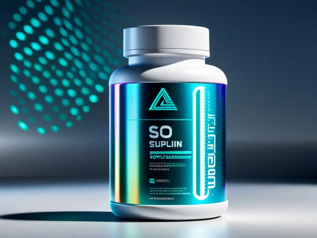 Suplemento Deportivo Futurista: Ciencia y Tecnología Botella futurista de suplemento deportivo con diseño metálico holográfico y símbolos científicos, en laboratorio de alta tecnología