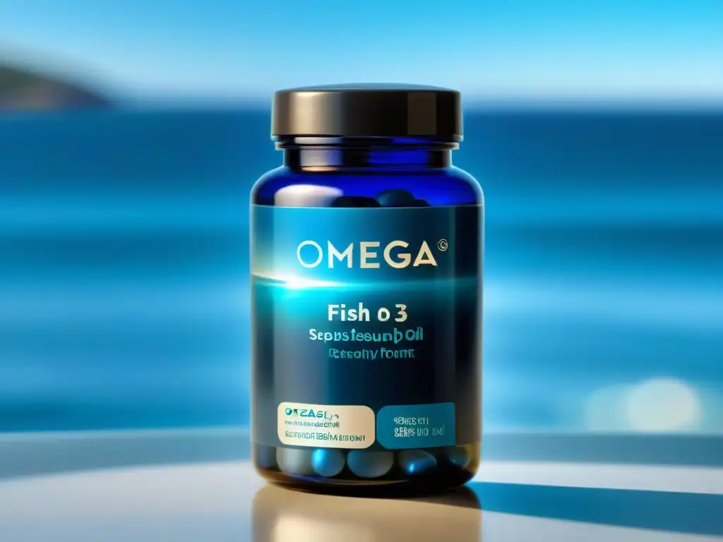 Omega3: Vitalidad en el mar Botella moderna de omega 3 con cápsulas azules brillantes, sobre un mar sereno