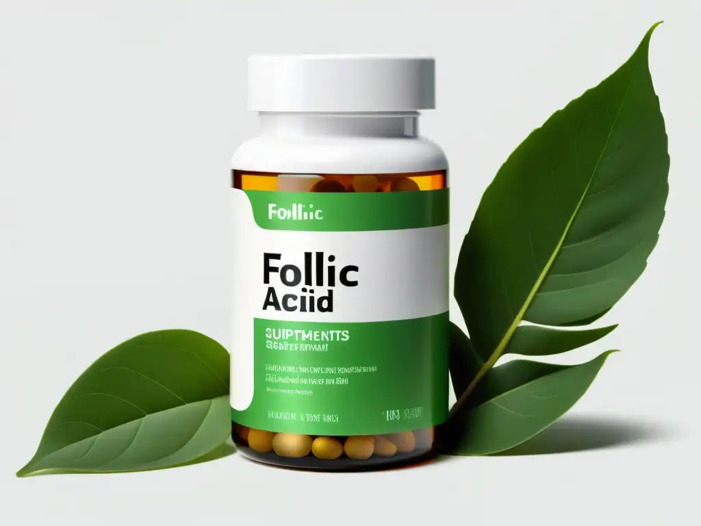 Fórmula de ácido fólico: salud masculina y vitalidad Una botella moderna de suplementos de ácido fólico sobre fondo blanco, rodeada de vegetación vibrante, proyecta salud y modernidad