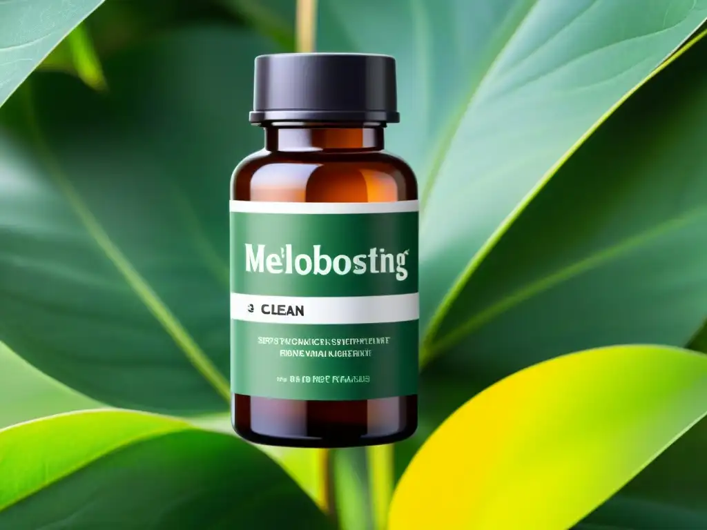 Suplemento metabólico: salud y vitalidad en un frasco Botella moderna de suplementos para acelerar metabolismo lento rodeada de hojas verdes y luz suave, transmite vitalidad y bienestar