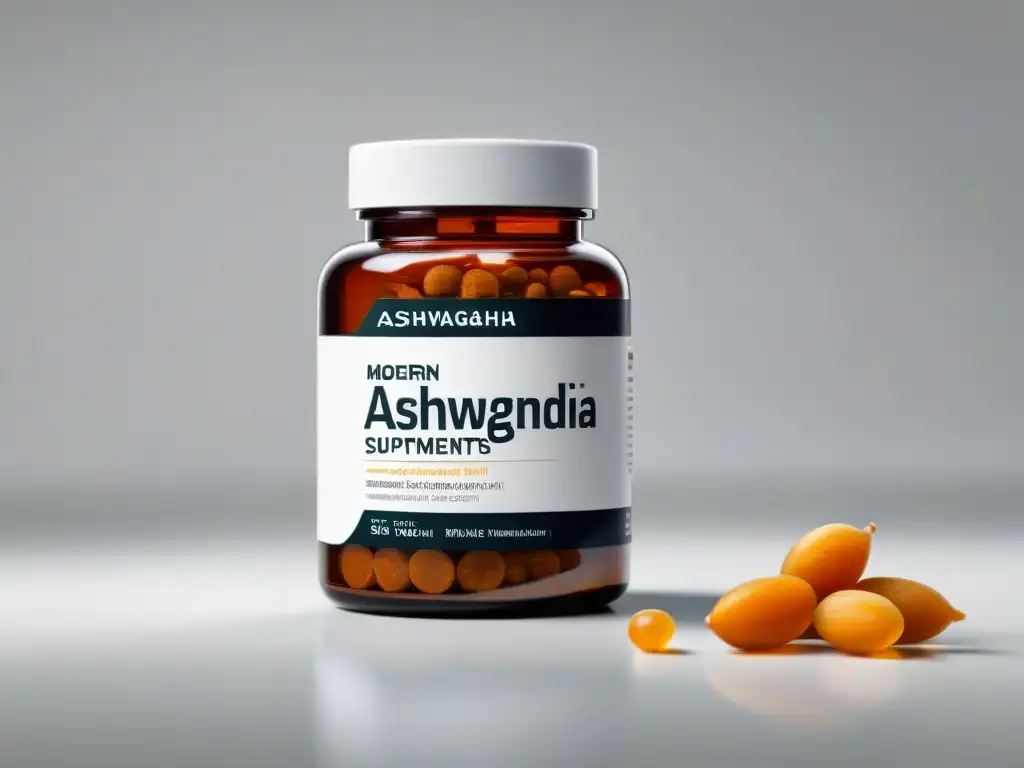 Ashwagandha: Suplemento para la salud masculina Botella moderna de suplementos de Ashwagandha para salud reproductiva masculina en un fondo blanco, con diseño minimalista y tipografía contemporánea