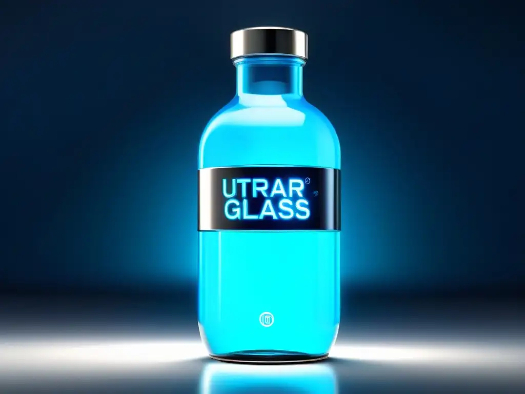 Botella de vidrio moderna con líquido azul vibrante en un laboratorio de alta tecnología Botella moderna de vidrio con líquido azul vibrante, en un laboratorio hightech
