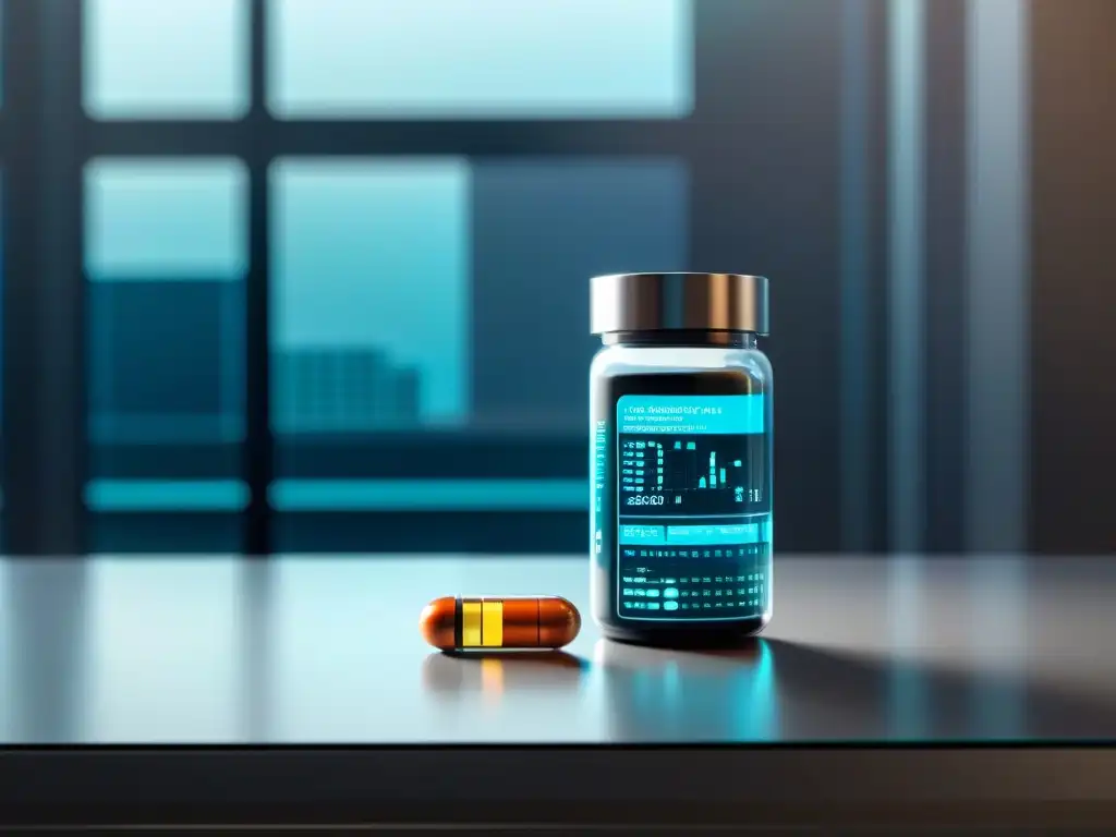 Suplementos inteligentes: tecnología de vanguardia Botella de píldoras moderna en mesa futurista con datos de salud en smartphone