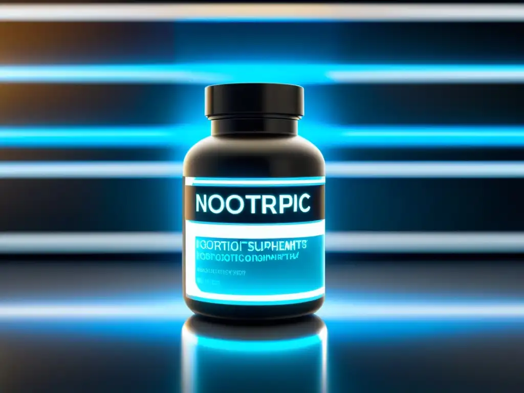 Nootrópicos: Potencia tu Mente con Tecnología Avanzada Botella de píldoras de suplementos nootrópicos para concentración en laboratorio futurista con tecnología de vanguardia
