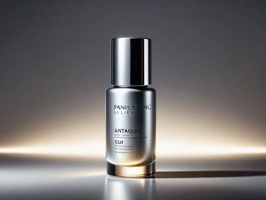 Serum antiaging premium en elegante botella de plata y cristal Botella plateada de suero antienvejecimiento de alta gama, con elegante diseño y fondo difuminado de lujo