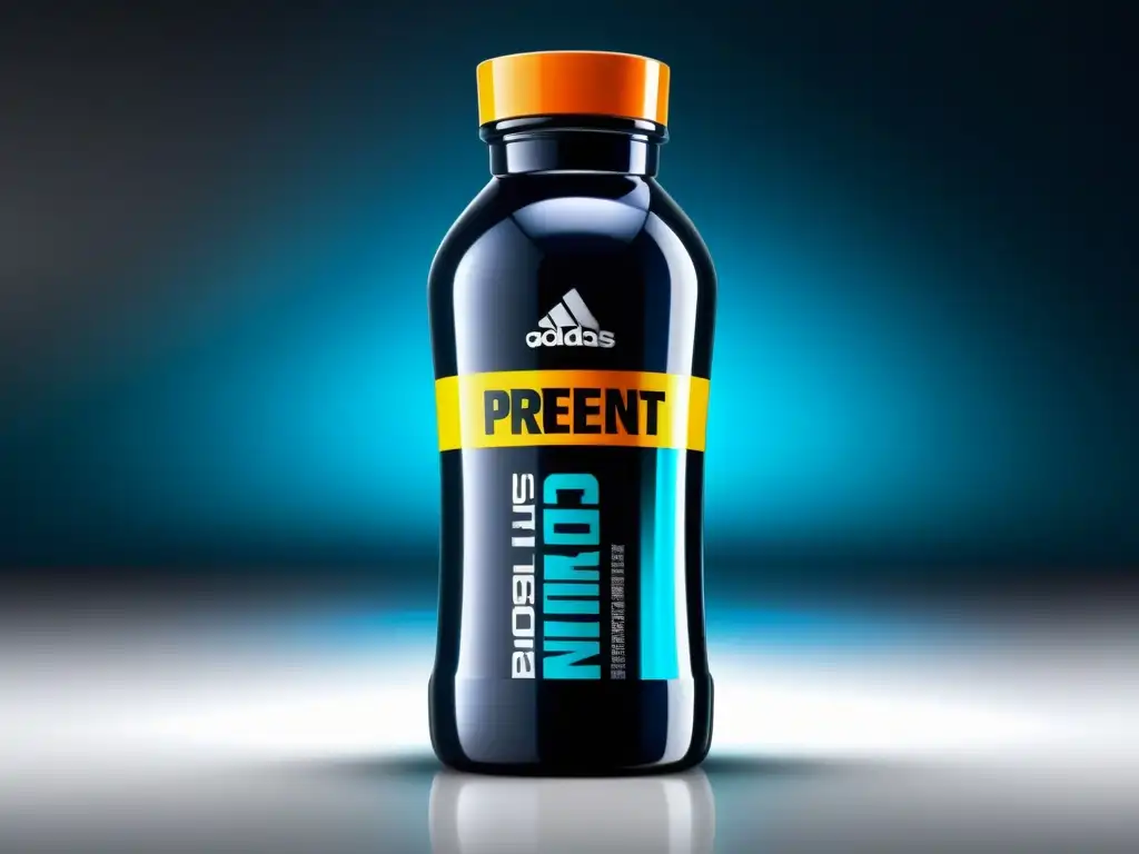 Bebida preentrenos: la fusión perfecta de tecnología y rendimiento Botella de preentrenamiento moderna y vibrante, con diseño futurista y reflejos de alta tecnología