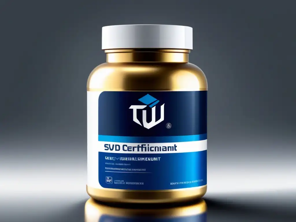 Botella de suplementos de calidad con certificación TÜV SÜD Botella de suplemento de alta calidad con certificación TÜV SÜD, transmite confianza y credibilidad en un escenario minimalista y profesional