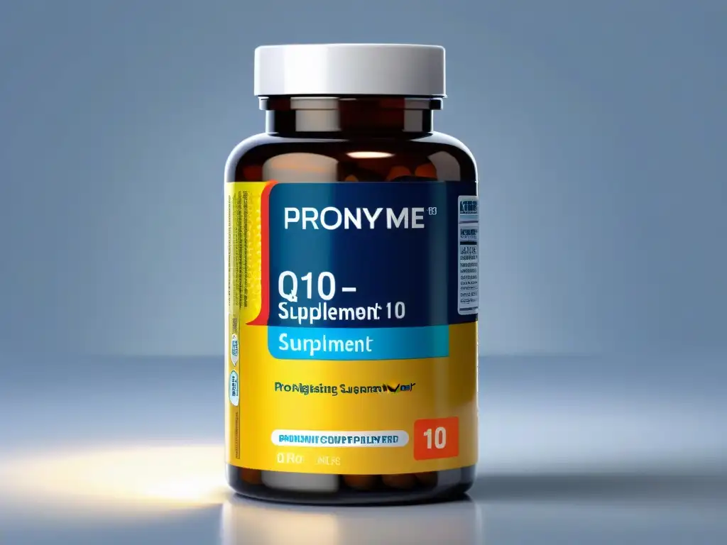 Suplemento de Coenzima Q10: Alivio del dolor crónico Botella de suplemento de Coenzima Q10 para dolor crónico, con diseño moderno y colores vibrantes, resaltando su calidad premium