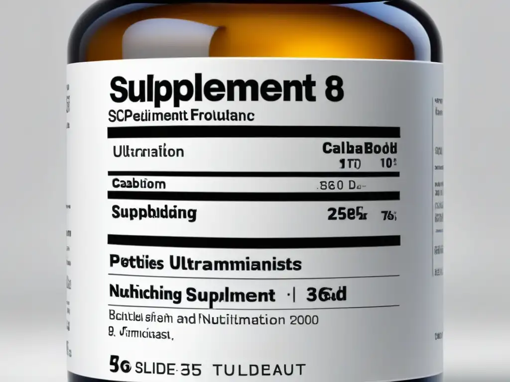 Etiqueta de suplemento con diseño moderno y claro Una botella de suplemento con etiqueta moderna y clara que cumple con las directrices de etiquetado de suplementos nutricionales