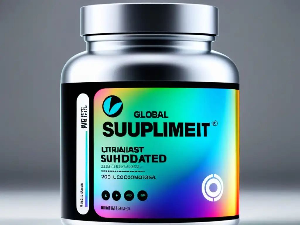 Botella de suplemento futurista holográfica Botella de suplemento minimalista con etiqueta holográfica mostrando normativas globales suplementos nutricionales