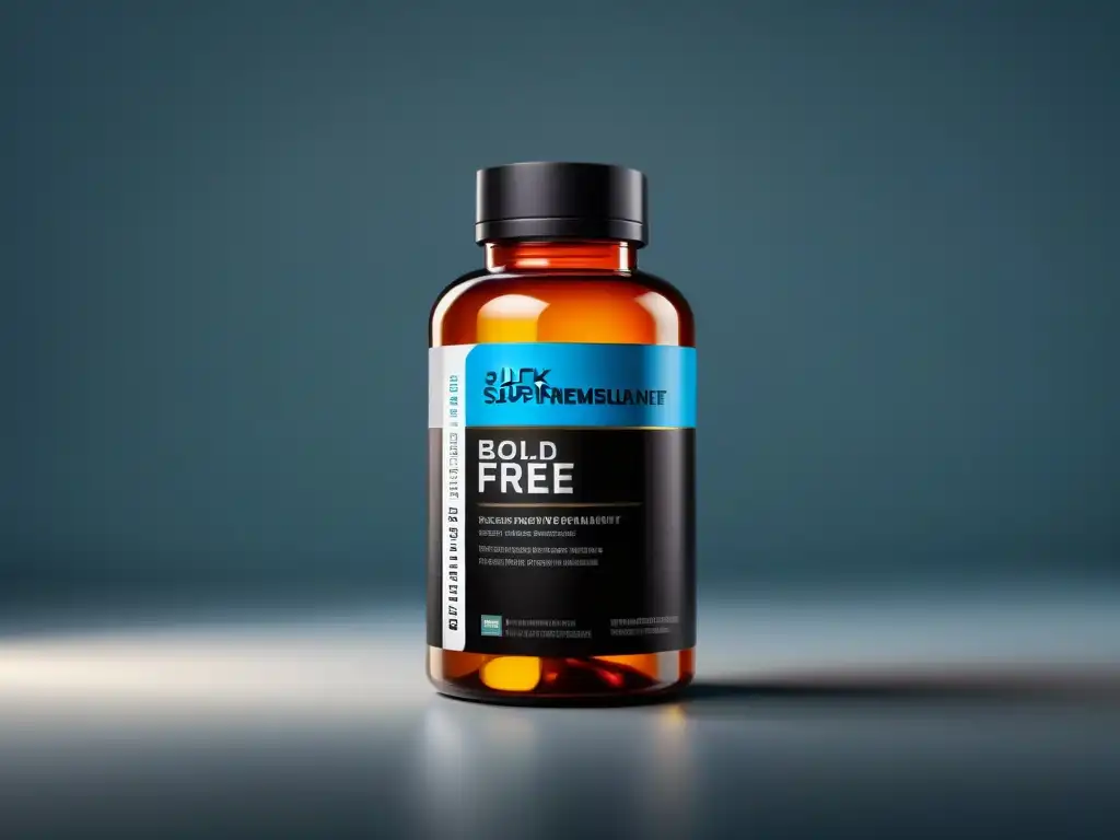 Suplemento certificado: botella moderna con sello de calidad Botella de suplemento moderna con certificaciones destacadas, resaltando la importancia de la calidad en suplementos deportivos