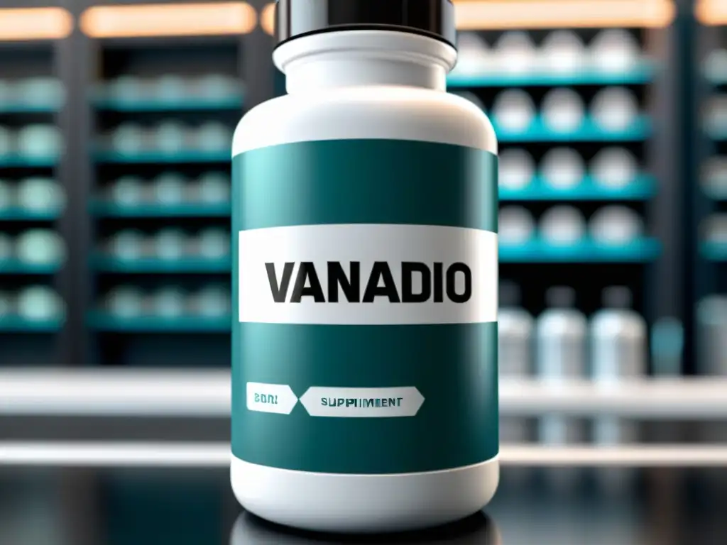 Suplemento de Vanadio: Innovación Científica en Laboratorio Una botella de suplemento moderna con la palabra 'Vanadio' en la etiqueta, en un entorno de laboratorio