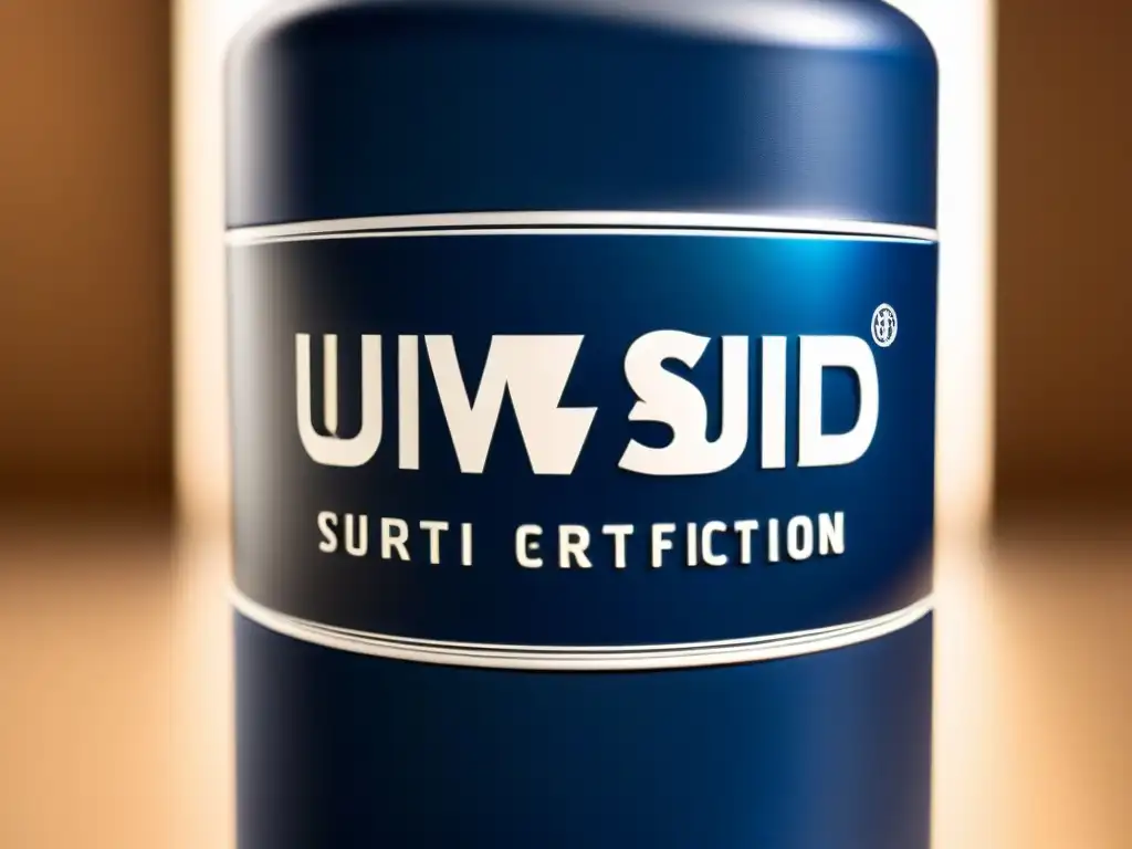 Sello de certificación TÜV SÜD en botella de suplemento Una botella de suplemento nutricional con sello de certificación TÜV SÜD