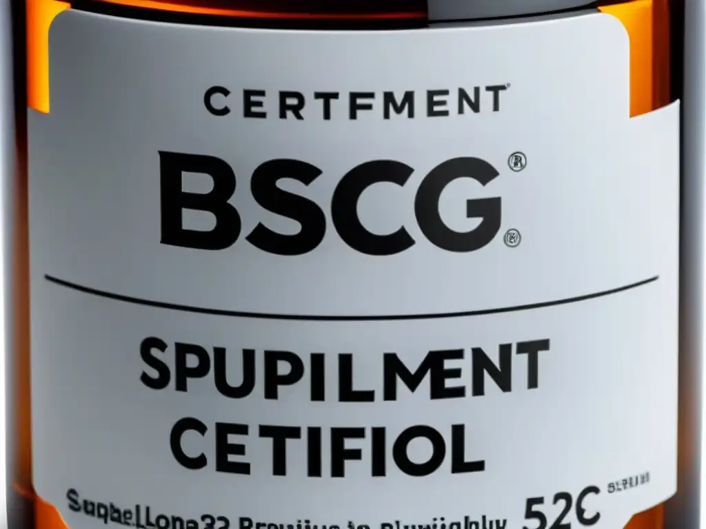 BSCG Certified Supplement Bottle: Elegancia y Confianza Botella de suplemento con certificación BSCG para pureza, moderna y elegante en fondo blanco, transmite confianza y calidad premium