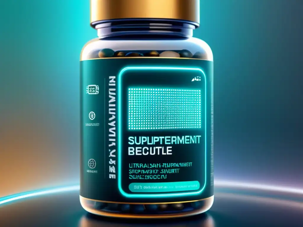 Botella de suplemento con holograma blockchain Botella de suplemento transparente con etiqueta holográfica detallada de patrones blockchain