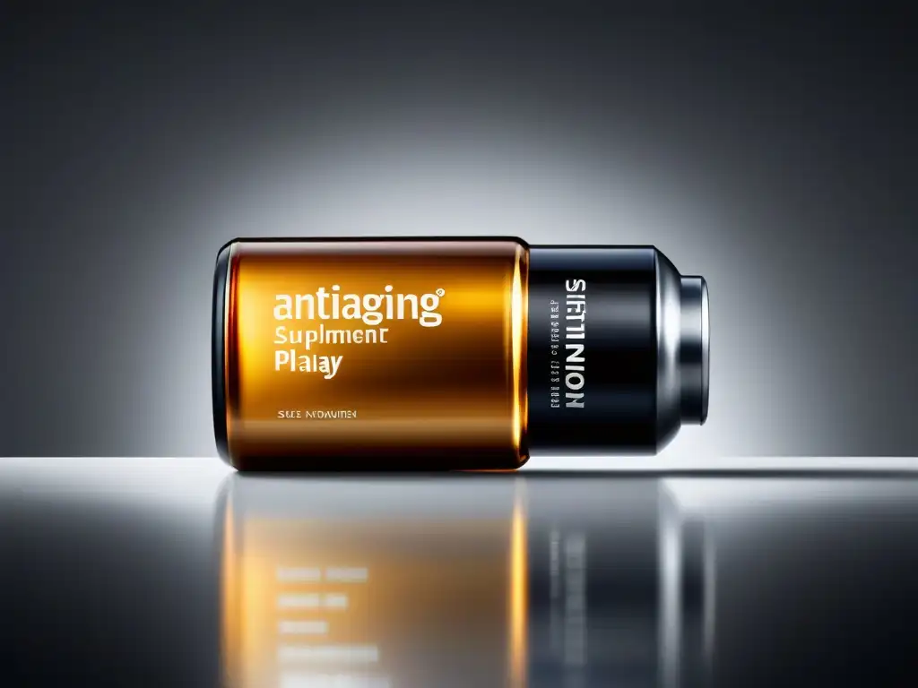 Suplemento antienvejecimiento de lujo con diseño elegante Botella de suplementos antienvejecimiento de alta gama en un entorno lujoso y moderno, con juego de luces y sombras envolvente