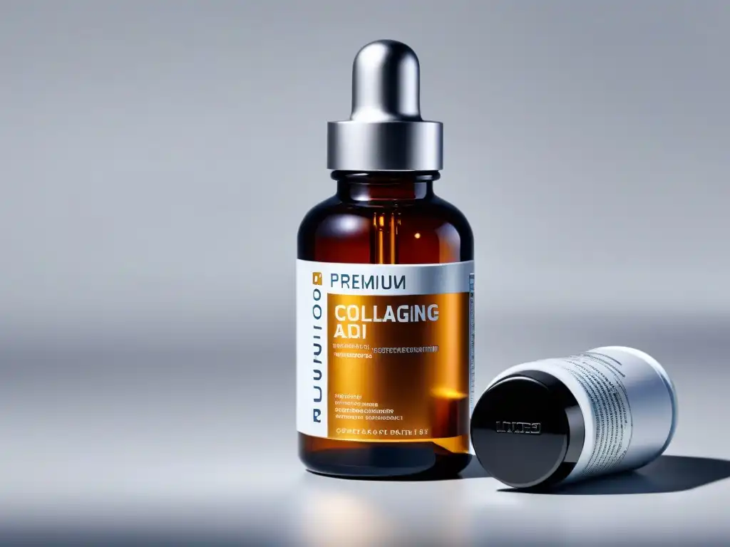 Suplemento antiaging premium con colágeno y ácido hialurónico Botella de suplementos antienvejecimiento de alta gama con diseño moderno y elegante, en un fondo blanco limpio que realza su lujo