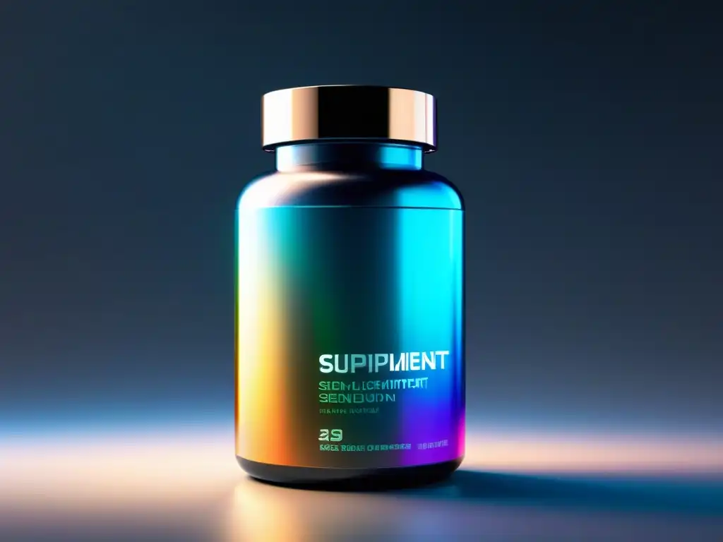 Suplemento futurista: botella elegante con brillo iridiscente Botella de suplementos futurista con un brillo iridiscente que refleja la tecnología avanzada