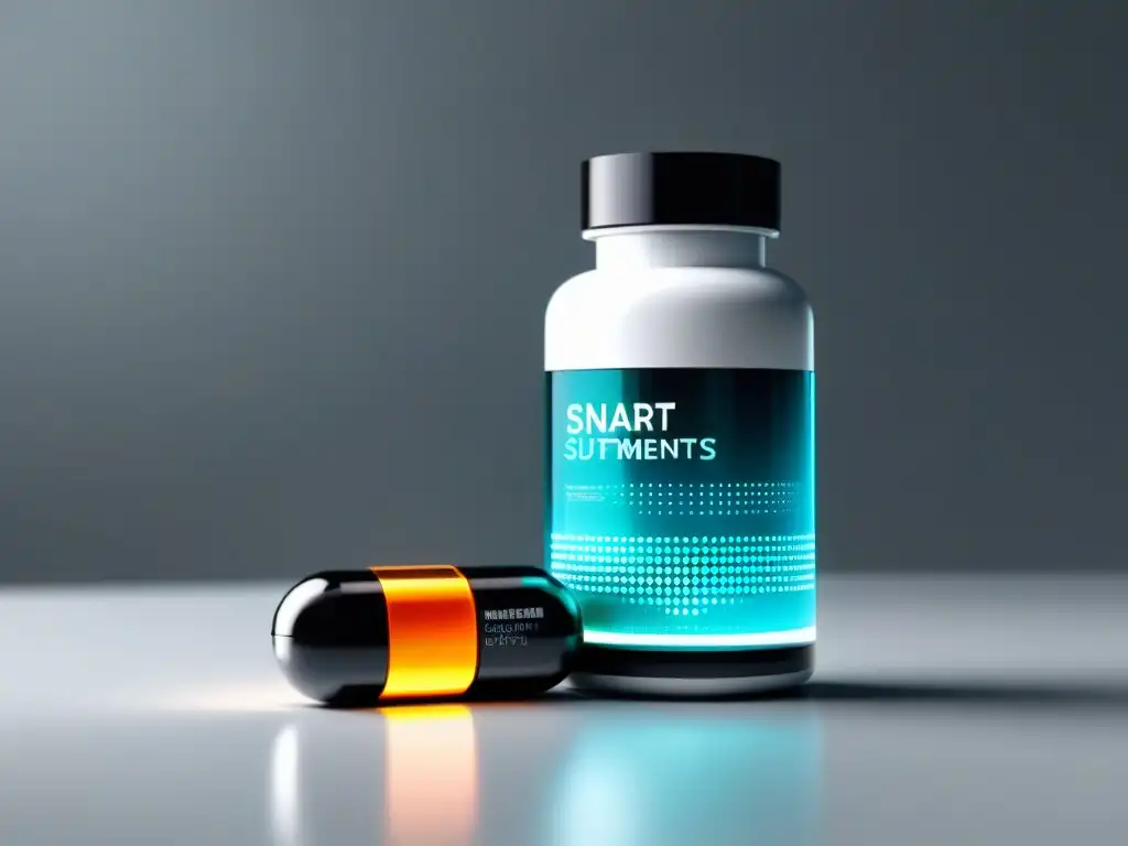 Suplementos Inteligentes: Tecnología de Salud Avanzada Botella de suplementos inteligentes con comunicación en ambiente futurista de alta tecnología y diseño elegante