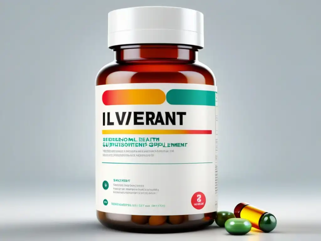 Suplementos para hígado: imagen 8k detallada con infografía científica Una botella de suplementos moderna y elegante con un etiquetado transparente, acompañada de una infografía científica sobre la salud del hígado