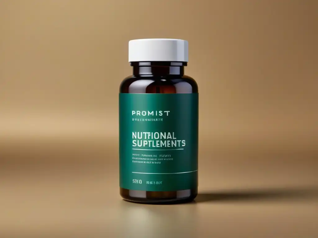 Suplemento nutricional de diseño minimalista y elegante Botella de suplementos nutricionales para rendimiento sexual, diseño minimalista y sofisticado, acabado metálico, fondo neutro
