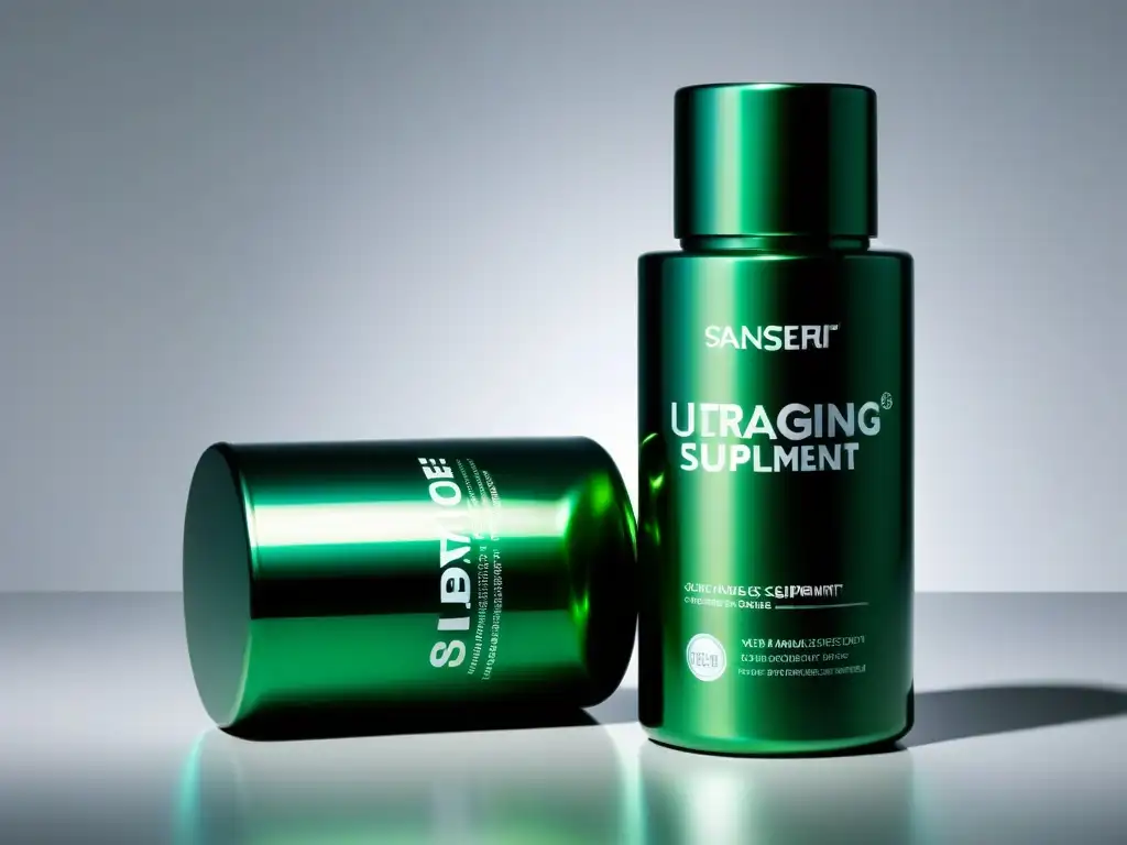 Botella de suplementos premium antienvejecimiento con diseño futurista y acabado metálico brillante, sobre fondo blanco