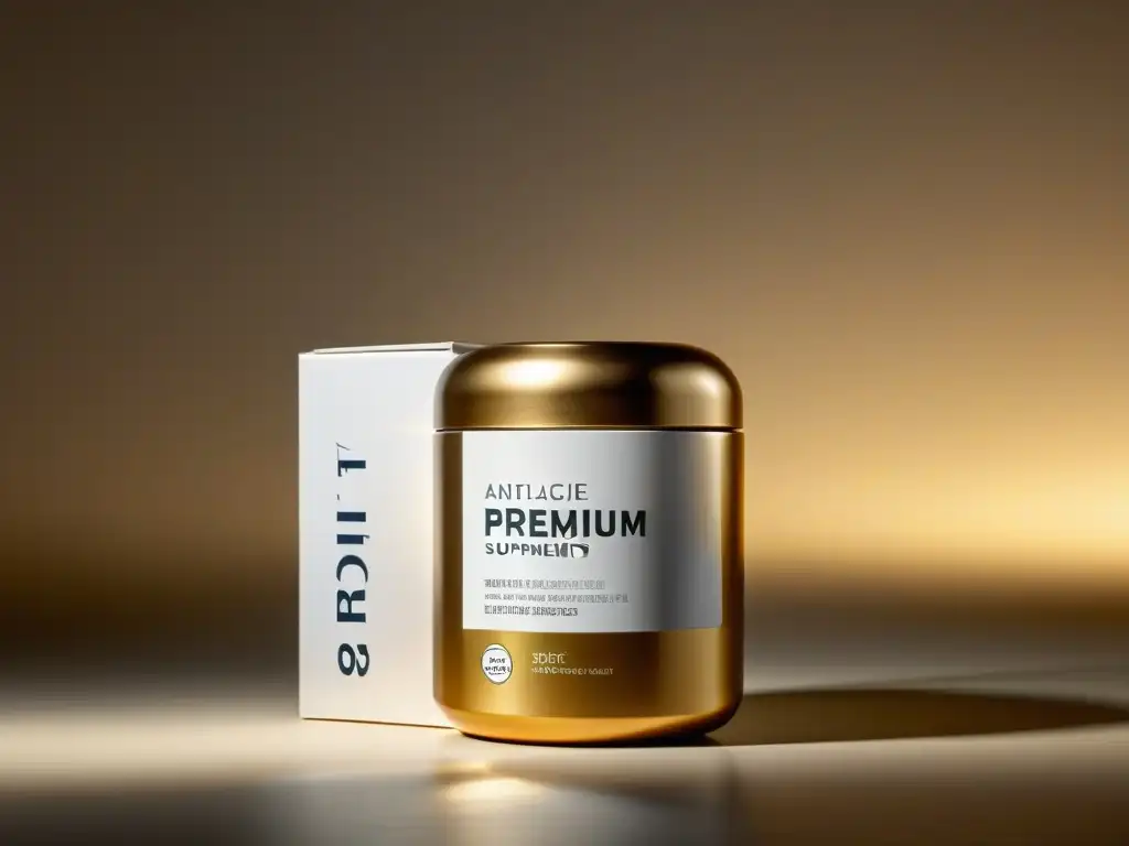 Suplemento antiedad premium: diseño elegante y lujoso Botella de suplementos premium para retrasar envejecimiento, diseño elegante y lujoso, iluminación suave y difusa, aspiracional y contemporáneo