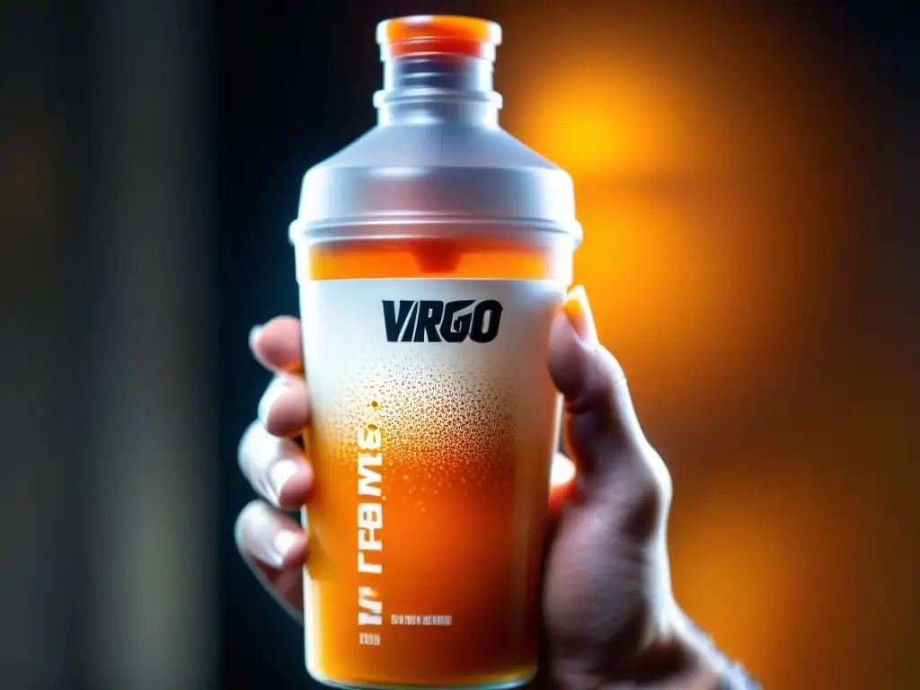 Bebida de alto rendimiento: Vitargo en acción Una botella transparente llena de líquido naranja vibrante con Vitargo en suspensión