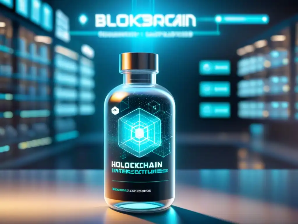 Certificación blockchain para suplementos nutricionales: tecnología de vanguardia Botella transparente de suplemento con holograma blockchain en laboratorio futurista