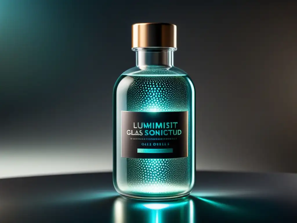 Líquido luminescente en botella de vidrio moderna Botella de vidrio moderna y elegante con líquido luminescente y burbujas