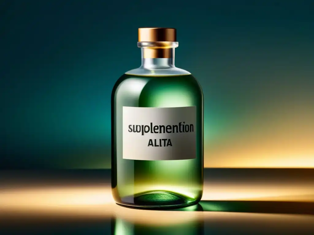 Suplemento Antienvejecimiento de Alta Gama en Botella Elegante Botella de vidrio moderna con etiqueta metálica que dice 'Suplemento Antienvejecimiento de Alta Gama