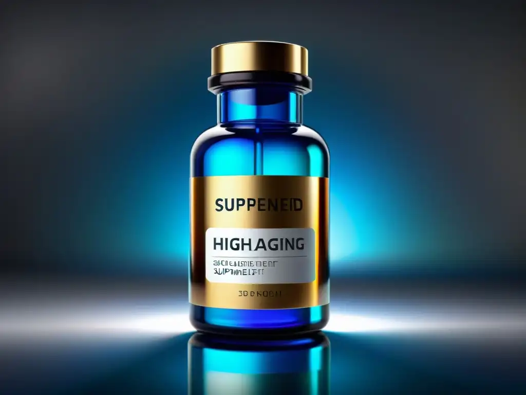 Suplemento antiaging de lujo: botella de vidrio con efecto prisma Botella de vidrio moderna para suplementos antienvejecimiento de alta gama, con efecto prismático y diseño elegante, sobre fondo científico y botánico