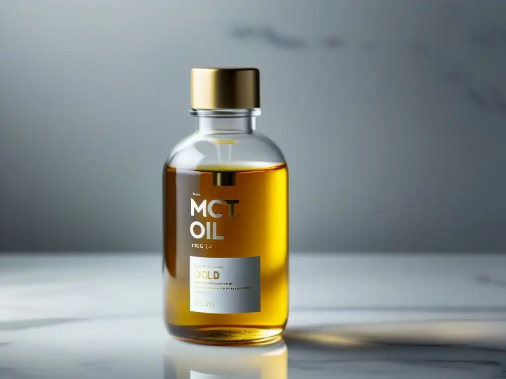 Una botella de vidrio transparente llena de aceite MCT dorado sobre una elegante encimera de mármol blanco