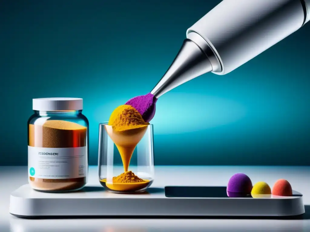 Robot de alta tecnología dosificando suplementos nutricionales Un brazo robot futurista mide suplementos nutricionales con precisión