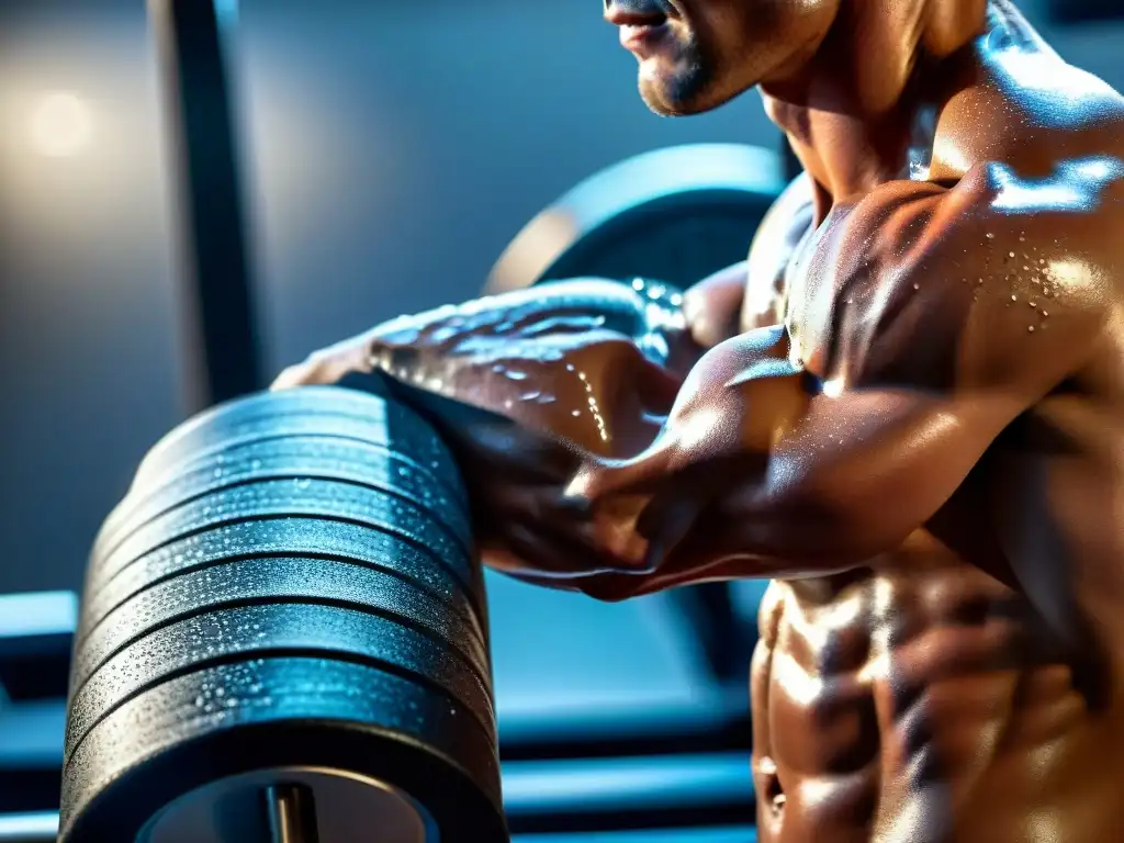 Brillante musculatura: el esfuerzo físico en detalle Un brazo musculoso cubierto de sudor, con venas prominentes