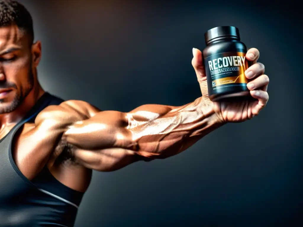Potente imagen de brazo musculoso con suplemento de recuperación Un brazo musculoso cubierto de sudor sostiene un suplemento para recuperación muscular rápida, enfocado con iluminación dramática