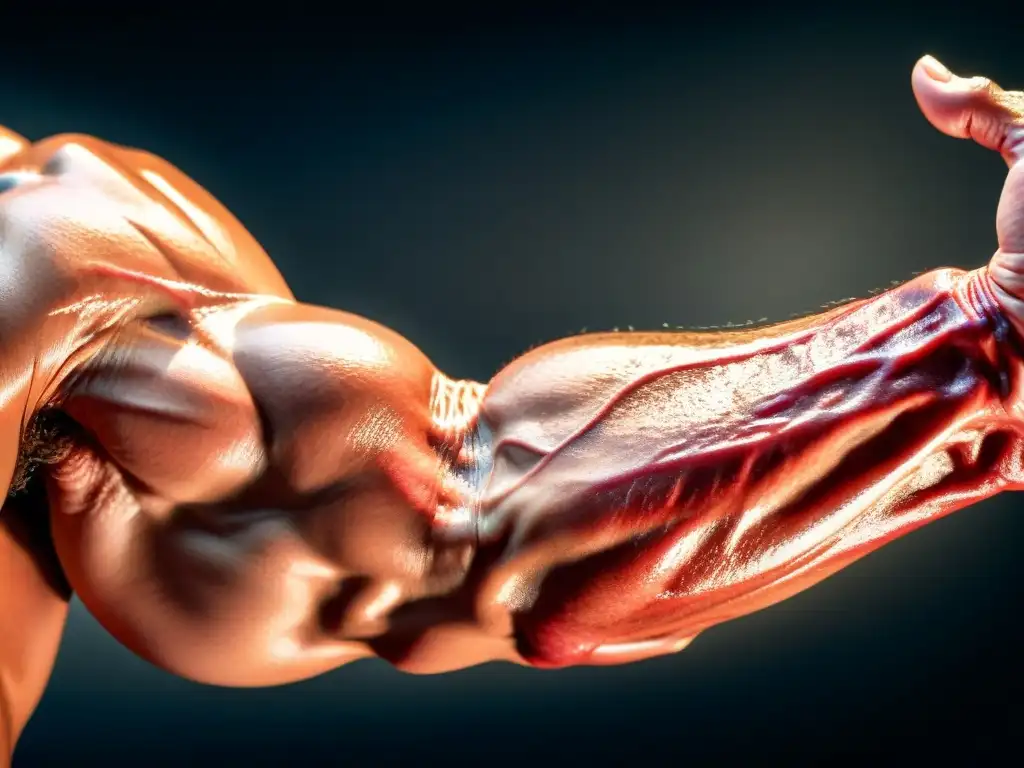 Brazo musculoso con venas y brillo, intensidad y fuerza Un brazo musculoso cubierto de sudor y con venas sobresalientes, iluminado dramáticamente